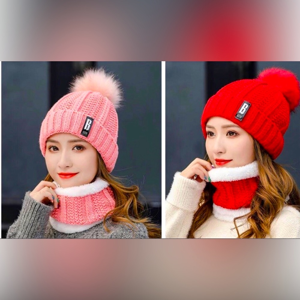 Women knitted winter hat and scarf set